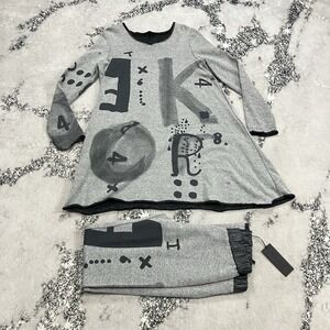 Kedziorek Art Print Pant Set Womens 40/M Gray Abstract Tunic Top Pants NWT